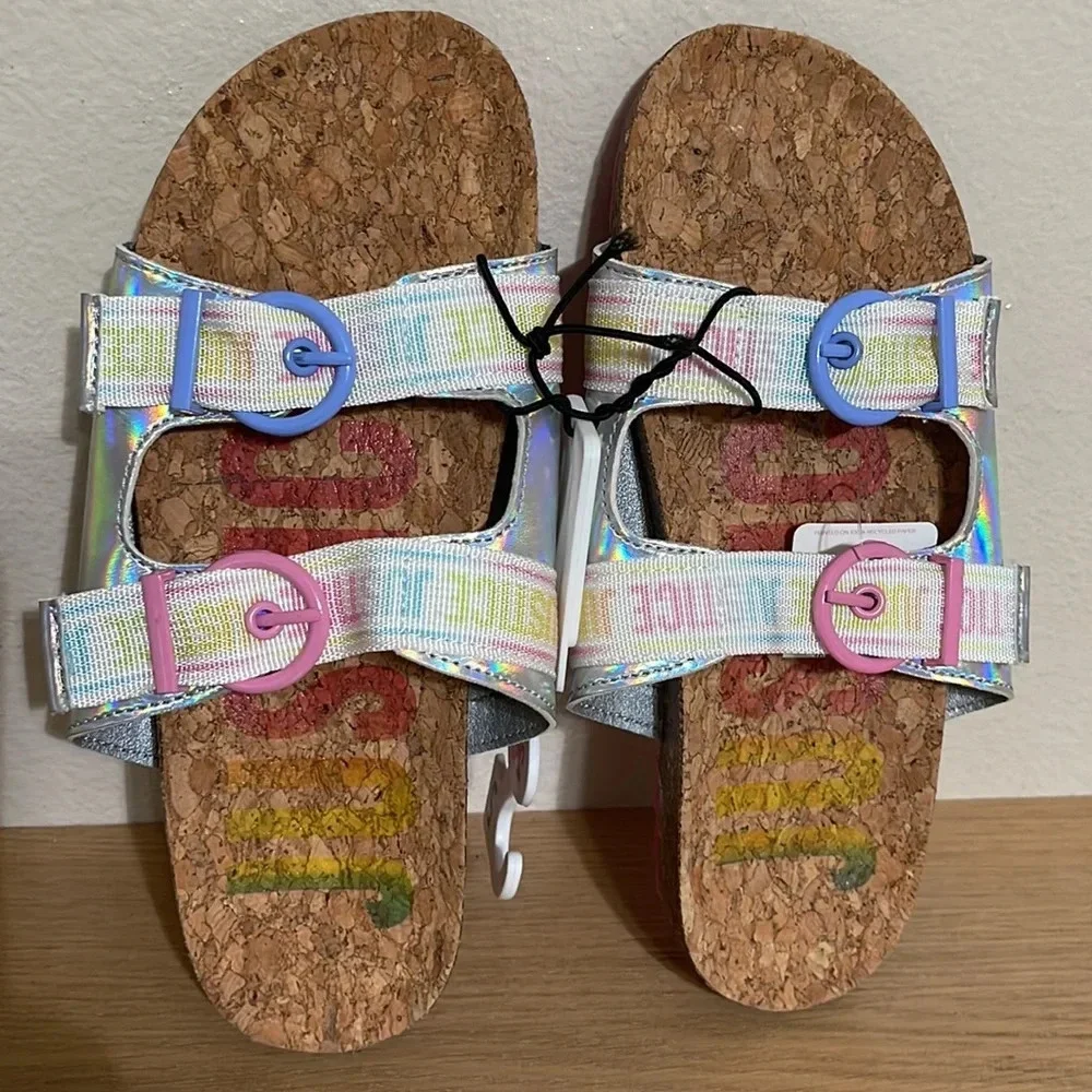 Justice Girls Size 5 Slip On Footbed Sandal Slide New Multicolor